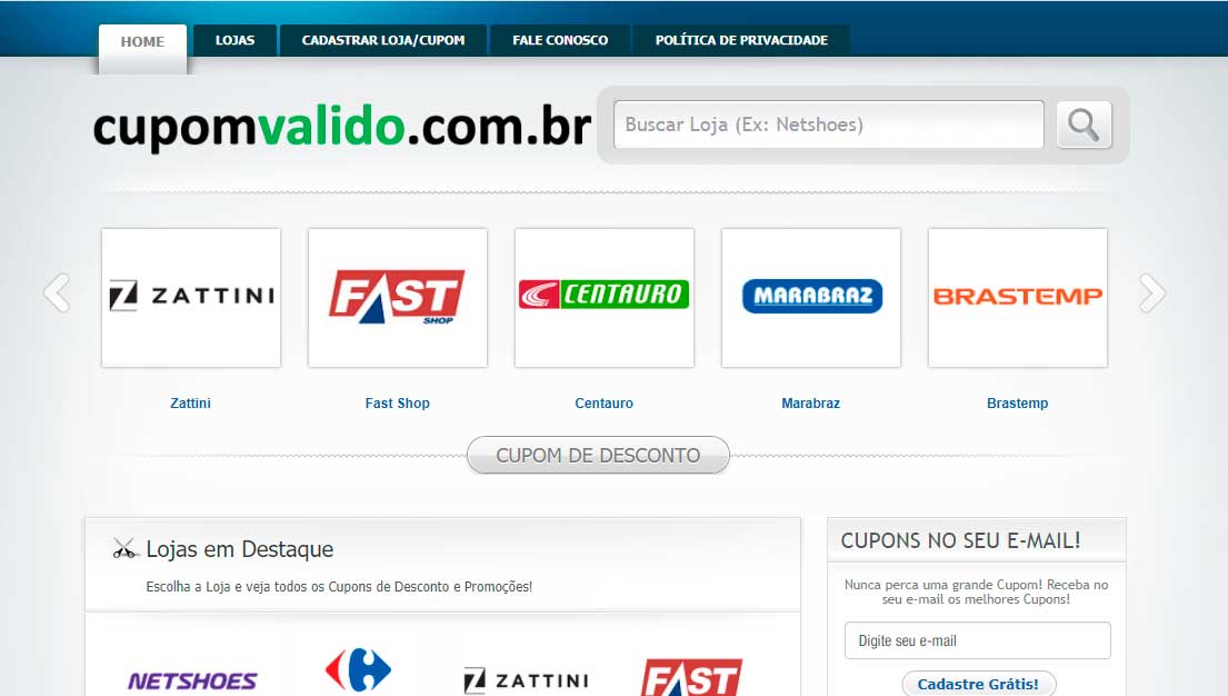 Página inicial do cupomvalido.com.br